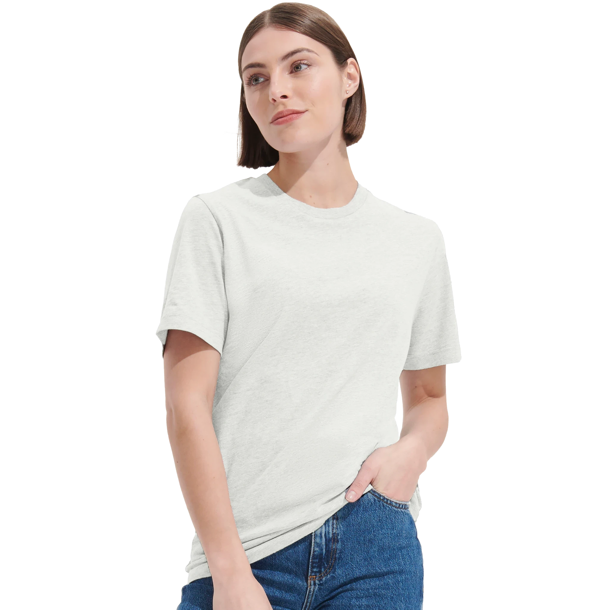 Unisex T-Shirt mit bequemer Passform weiss voderansicht frau